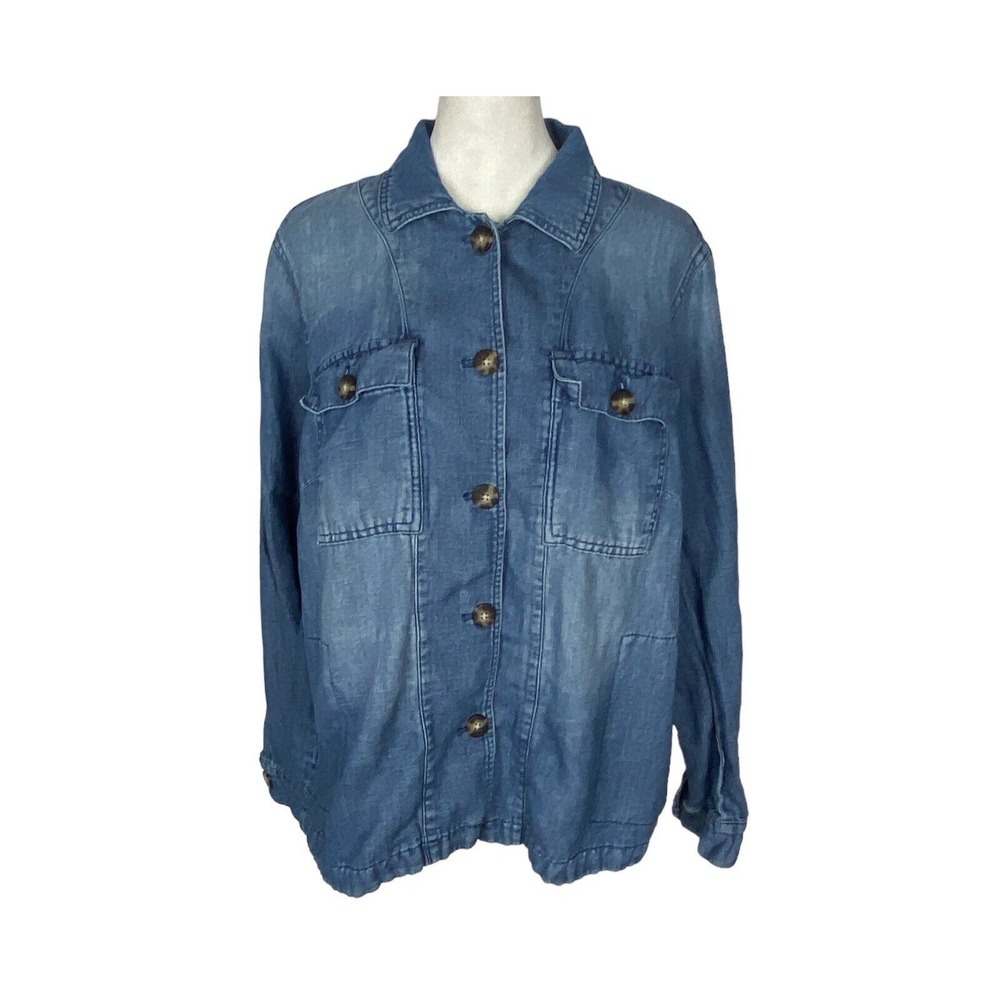 J JILL Women Linen Blend Denim Collared Long Sleeve Shirt Sz 6p Blue Casual 67-7